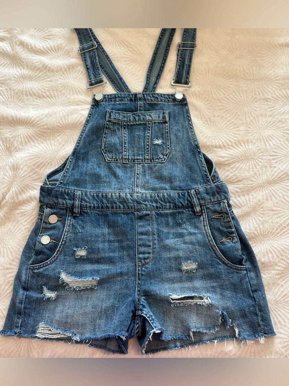 Blank NYC Distressed Denim Short Overalls - Blue 25
